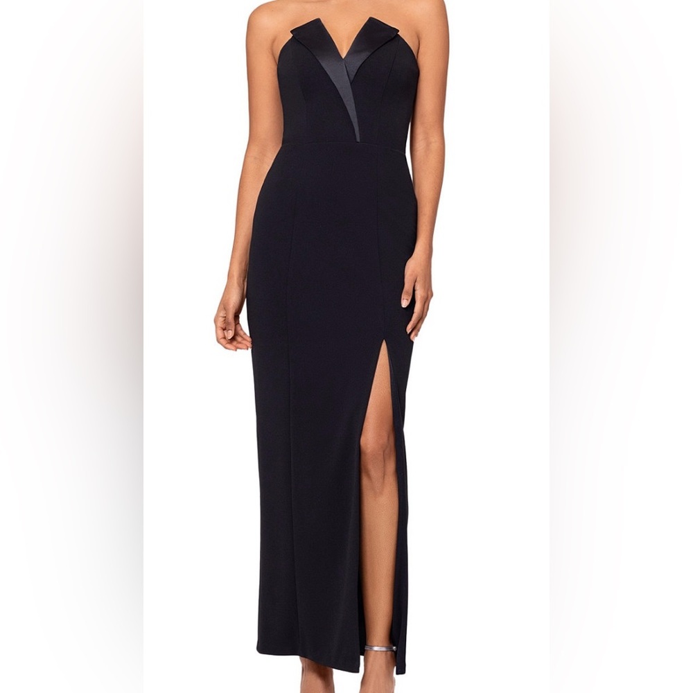 Betsy & Adam Strapless Black Formal Gown Tuxedo Style Slit Dress Size 12